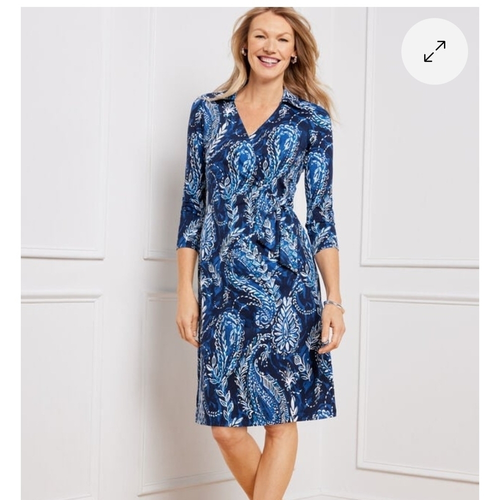 Talbots Effortless Jersey Kelly Dress Mock Wrap V-neck Sz S Blue White Paisley